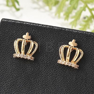 Crown Brass Micro Pave Clear Cubic Zirconia Stud Earrings for Women EJEW-G428-06G-1