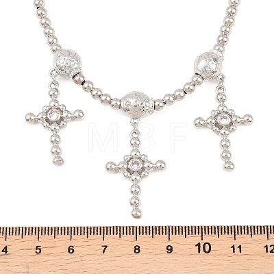 Brass Micro Pave Clear Cubic Zirconia Cross Pendant Round Beaded Bib Necklaces for Women NJEW-F364-04P-1