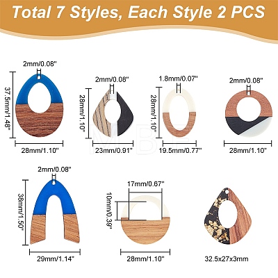   14Pcs 7 Styles Resin & Walnut Wood Pendants RESI-PH0002-01-1