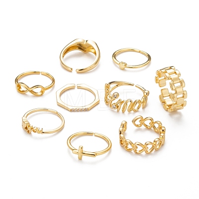 9Pcs 9 Style Brass Cuff Rings RJEW-LS0001-11G-1