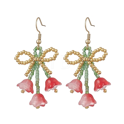 Flower with Bowknot Handmade Glass Seed Beads Dangle Earrings EJEW-MZ00655-1