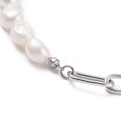 Natural Keshi Pearl Beaded Necklace with 304 Stainless Steel Paperclip Chains for Women NJEW-JN03849-1