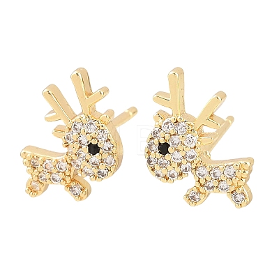 Brass Micro Pave Clear Cubic Zirconia Deer Stud Earrings EJEW-F400-27A-G-1