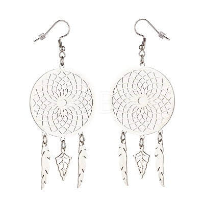304 Stainless Steel Woven Net with Feather Dangle Earrings for Women EJEW-JE05005-1