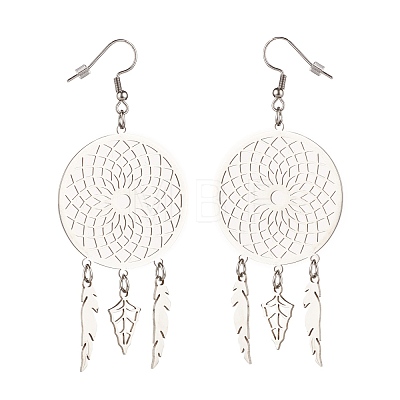 Tarnish Resistant 304 Stainless Steel Woven Net with Feather Dangle Earrings for Women EJEW-JE05005-1