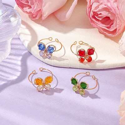 4Pcs 4 Colors Butterfly Glass Finger Rings RJEW-TA00146-1