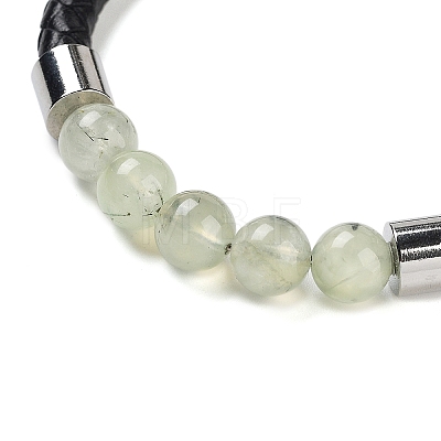 Natural Prehnite Round Round Bead Braided Leather Cord Bracelets for Men Women BJEW-A009-11P-08-1