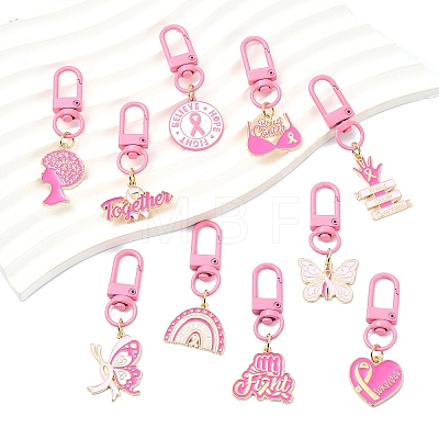 10Pcs 10 Styles Breast Cancer Awareness Ribbon Alloy Enamel Flower Pendant Decorations HJEW-YW00317-1