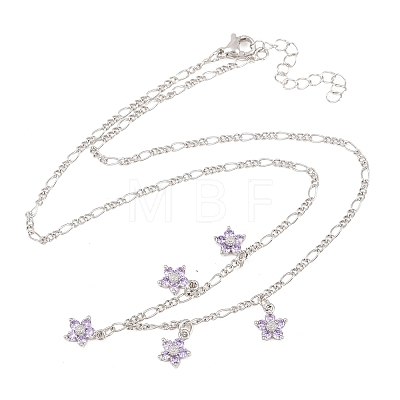 Brass Pave Lilac Cubic Zirconia Flower Pendant Figaro Chain Bib Necklaces for Women NJEW-F364-01P-1