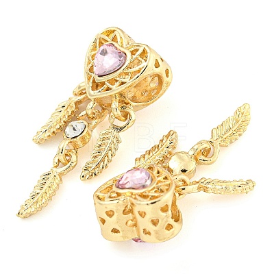 Rack Plating Alloy Pave Light Padparadscha Rhinestone Heart with Feather European Dangle Charms FIND-B034-19G-01-1