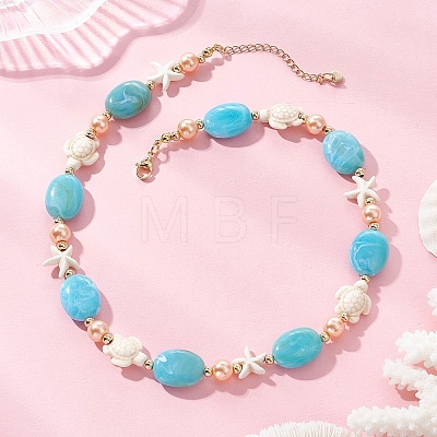 Ocean Synthetic Turquoise Turtle Starfish & Oval Acrylic & Round Glass Pearl Beaded Necklaces for Women NJEW-JN06077-1