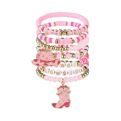 7Pcs Boot Western Cowgirl Style Polymer Clay Heishi & CCB Plastic & Natural Rose Quartz Beaded Bracelets FS-WG5CAF3-01-1