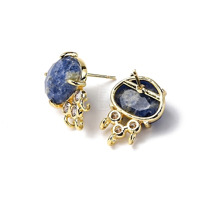 Brass Micro Pave Cubic Zirconia Stud Earring Findings with Natural Sodalite KK-Z096-05G-11-1