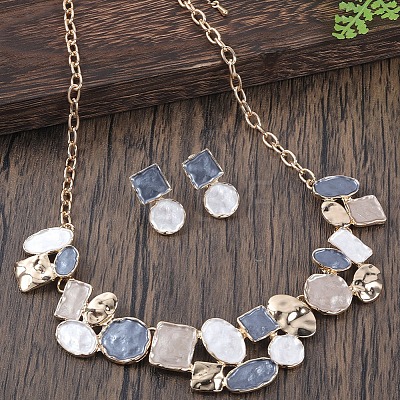 Flat Round & Oval & Square Zinc Alloy Enamel Pendant Necklaces & Stud Earrings Sets WG42338-04-1