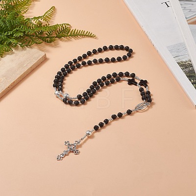 Natural Lava Rock & Synthetic Turquoise Rosary Bead Necklace NJEW-JN04238-1