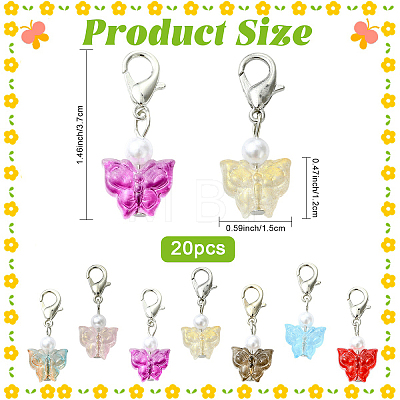 20Pcs Transparent Glass & ABS Plastic Pearl Butterfly Pendant Decorations HJEW-YW00269-1