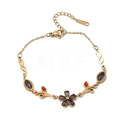 304 Stainless Steel Glass Flower Leaf Link Chain Bracelets SA-CBAF6AD-15G-1