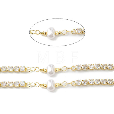 Brass Cubic Zirconia Link Chains with Shell Pearl CHS-P016-17G-1