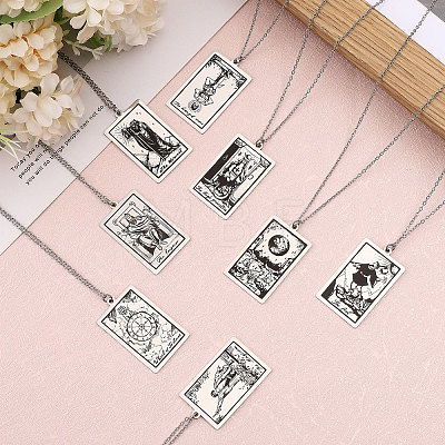 8Pcs 8 Style 201 Stainless Steel Tarot Card Pendant Necklace with 304 Stainless Steel Chains NJEW-AB00023-1