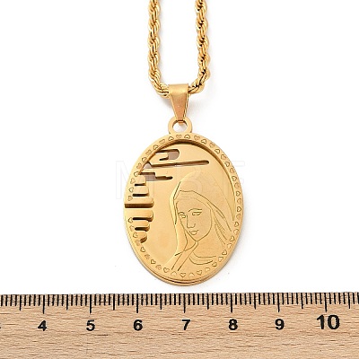 304 Stainless Steel Embossed Virgin Mary Pendant Rope Chain Necklaces NJEW-S387-08G-1