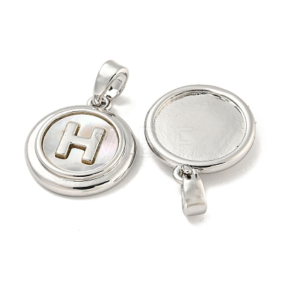 Natural Shell & Brass Flat Round with Letter H Charms with Snap on Bails KK-P275-07P-1