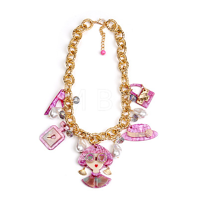 Acrylic Lady Perfume Bottle High Heel and Imitation Pearl Pendant Bib Necklaces with Alloy Chains for Women FS-WGDF0C3-06-1