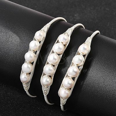 Brass Wire Wrapped Natural Pearl Open Cuff Bangles for Women BJEW-D453-03S-1