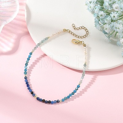 Natural Pearl Rice & Faceted Round Natural Kyanite & Apatite Beaded Anklets AJEW-AN00836-1