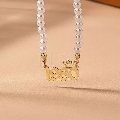 Alloy Crown Birth Year Pendant Imitation Pearl Round White Beaded Necklaces for Women FS-WG173C9-20-1