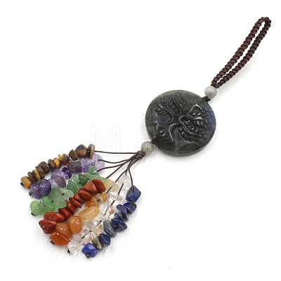 Natural Labradorite Carved Flat Round with Tree of Life Pendant Decoratons PW-WG34201-06-1