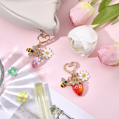 2Pcs 2 Colors Resin & Enamel Strawberry with Flower Keychains KEYC-PH0002-41-1