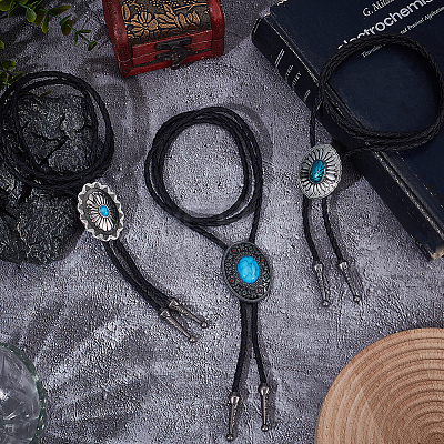3Pcs 3 Styles Alloy Pave Resin Imitation Gemstone Flower Oval Pendant Bolo Tie Lariat Necklaces NJEW-CL0001-10-1