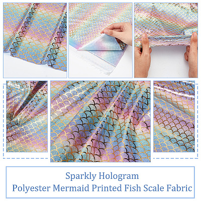 Sparkly Hologram Polyester Mermaid Printed Fish Scale Fabric DIY-WH0304-480-1