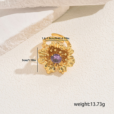 Vintage Luxurious Flower Brass Cubic Zirconia Cuff Rings for Women UZ1916-1