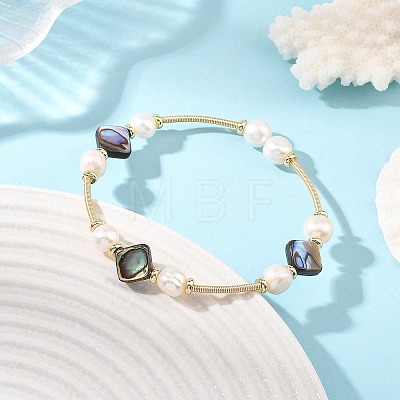 Natural Paua Shell & Potato Pearl Beaded Stretch Bracelets BJEW-JB14172-01-1