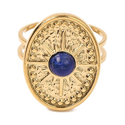 Oval with Sun Natural Lapis Lazuli Finger Rings RJEW-Q822-40G-02-1