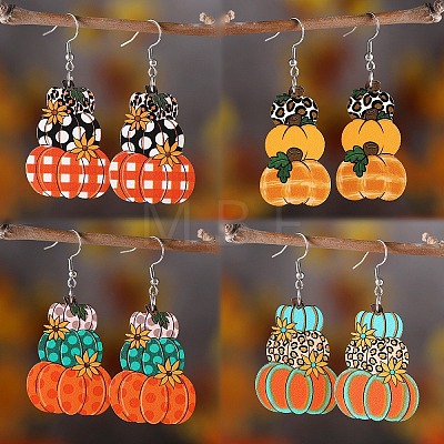 4 Pairs Thanksgiving Day Pumpkin Stainless Steel Wood Dangle Earrings FS-WG285B1-05-1