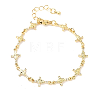Clear Cubic Zirconia Cross with Virgin Link Chains Bracelet BJEW-G773-05G-1
