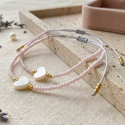 Adjustable Heart Natural Shell & Glass Seed Beaded Braided Bracelet Sets NT9181-2-1