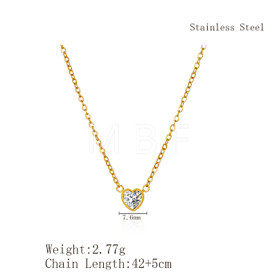 Heart-shaped 304 Stainless Steel Pave Clear Cubic Zirconia Pendant Cable Chain Necklaces for Women FS0820-1-1
