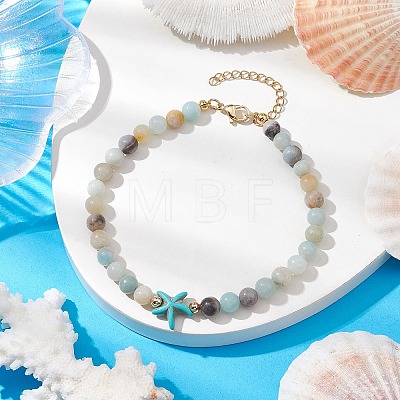 Natural Flower Amazonite &  Synthetic Turquoise Charm Anklets for Women AJEW-AN00616-03-1