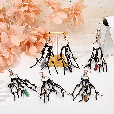6Pcs 6 Styles Alloy Bell Key & Natural Mixed Stone Bullet Pendant Decorations HJEW-FH00324-1