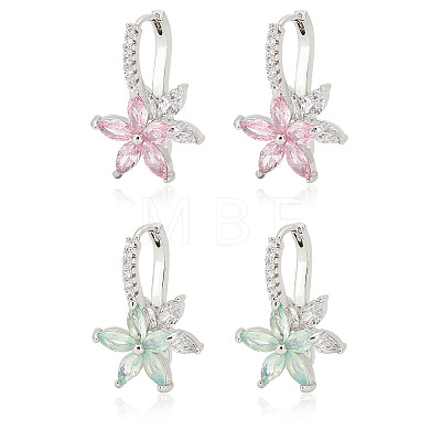 2 Pairs 2 Colors Cubic Zirconia Flower Hoop Earrings EJEW-FI0001-23-1