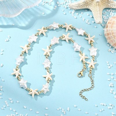 Ocean Synthetic Turquoise Starfish & Natural Baroque Keshi Pearl Star Beaded Necklaces for Women NJEW-JN06314-1