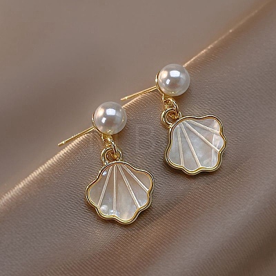 Shell Shape Alloy Dangle Stud Earrings EJEW-F408-01G-1