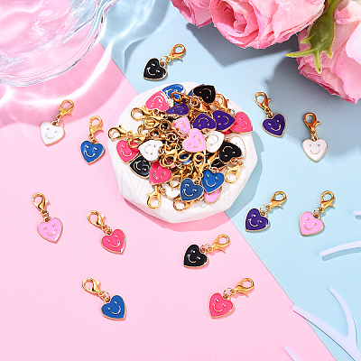 48Pcs 6 Colors Alloy Enamel Heart with Smiling Face Pattern Pendant Decorations HJEW-YW00178-1