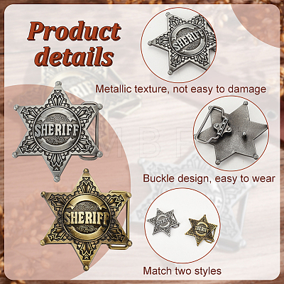 2Pcs 2 Colors Vintage Style Alloy Western Sheriff Belt Buckle for Men AJEW-FG0003-11-1
