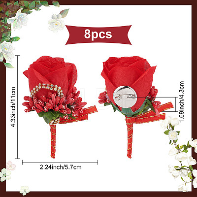 8Pcs Cloth Rose Flower Boutonniere Brooch with Rhinestone AJEW-CP0001-79B-1