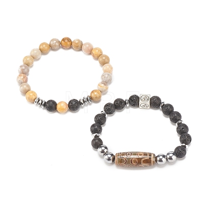 2Pcs 2 Style Mala Bead Bracelets Set with Tibetan Agate Dzi Beads BJEW-JB08020-03-1