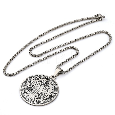 304 Stainless Steel Flat Round with Witchcraft Divination Sword Pattern Pendant Necklaces NJEW-S007-10P-1